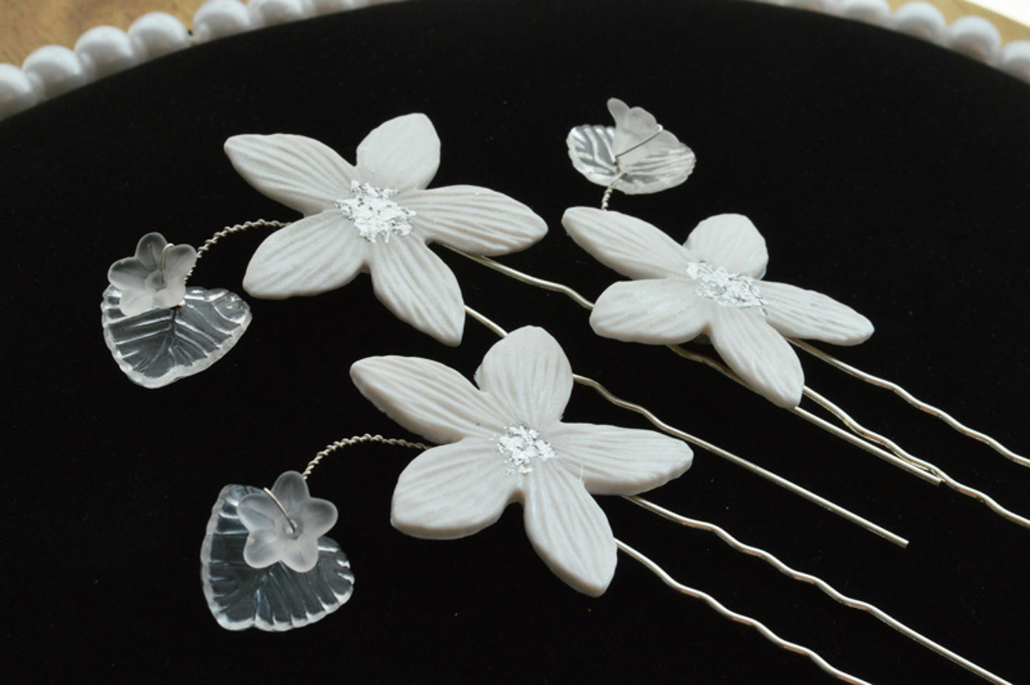 Set 3 ace pentru coc mirese cu frunze transparente 