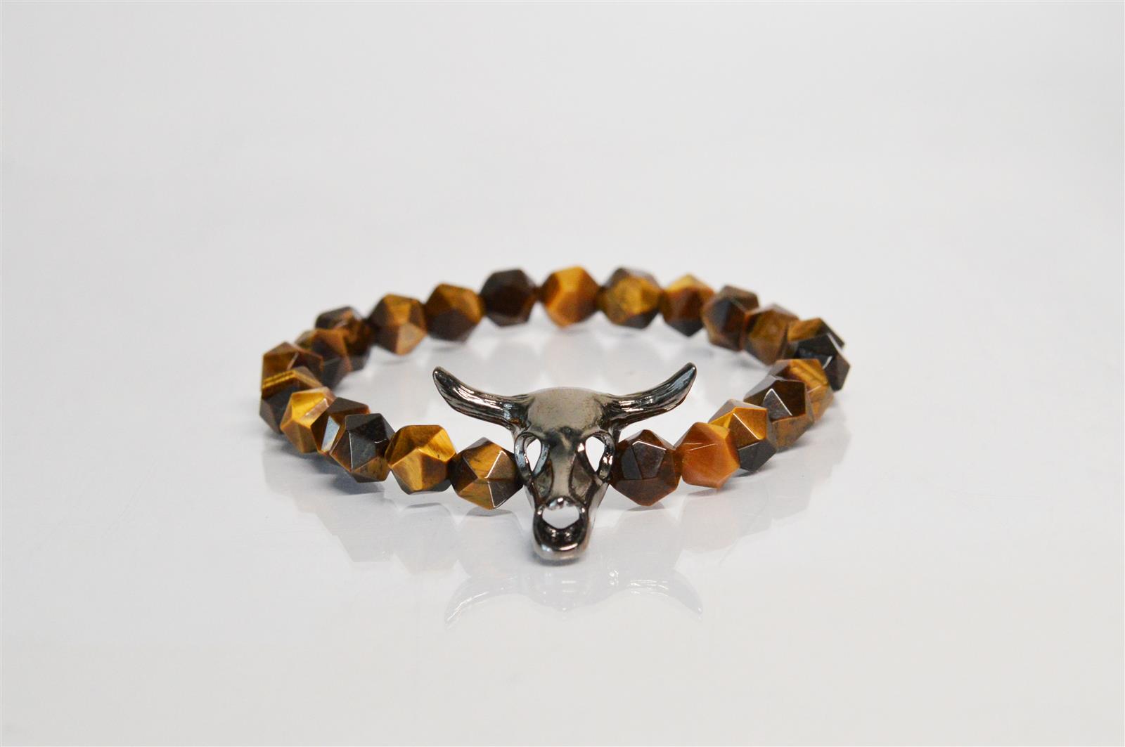 Bratara Craniu Taur cu margele ochi de tigru fatetate