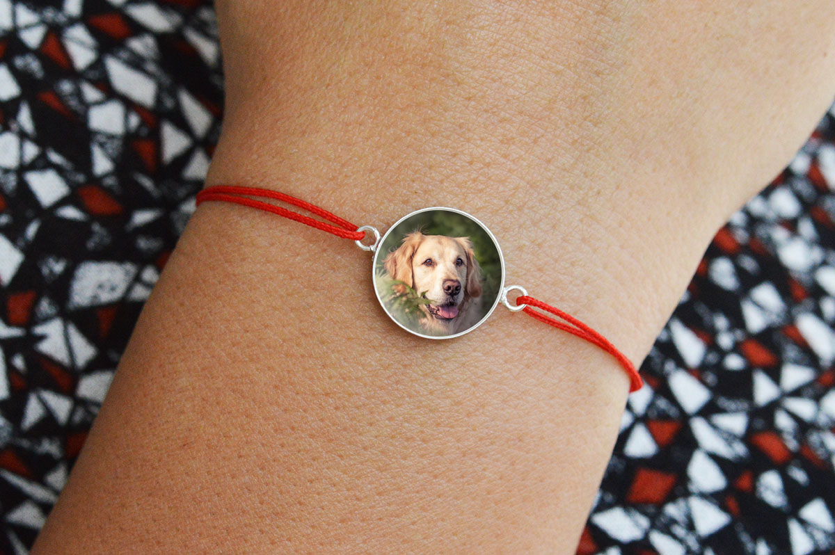 Bratara snur cu platou din argint 925 si poza caine