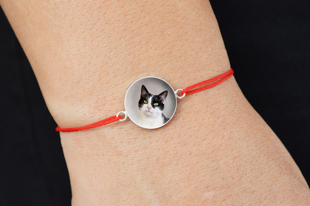 Bratara snur cu platou din argint 925 si poza pisica